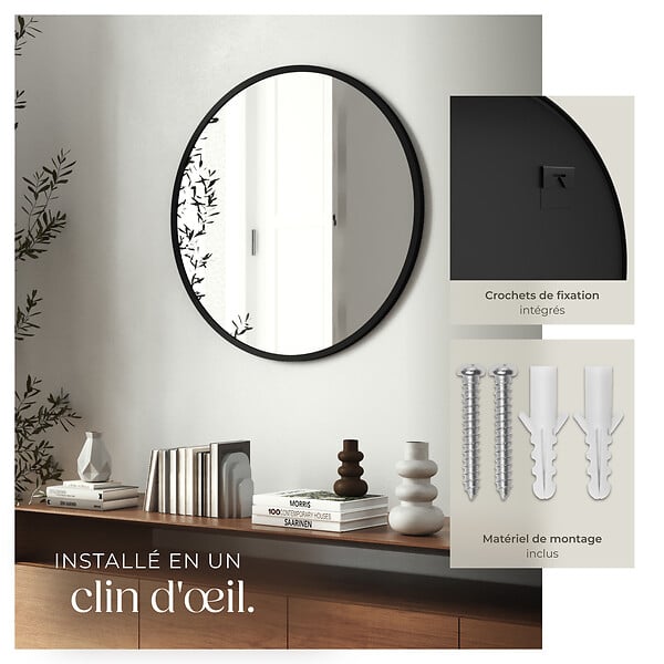 TECTAKE - Miroir mural rond FIONA avec cadre en aluminium noir - large