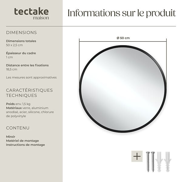TECTAKE - Miroir mural rond FIONA avec cadre en aluminium noir - large