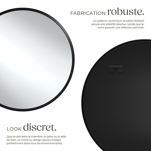 TECTAKE - Miroir mural rond FIONA avec cadre en aluminium noir - large