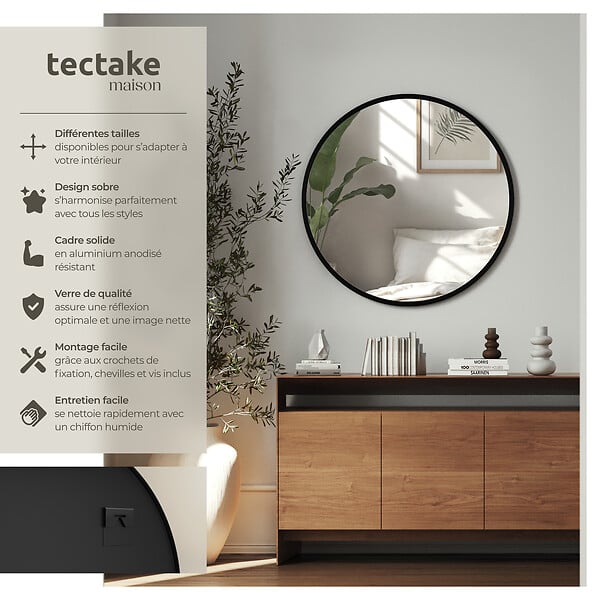 TECTAKE - Miroir mural rond FIONA avec cadre en aluminium noir - large