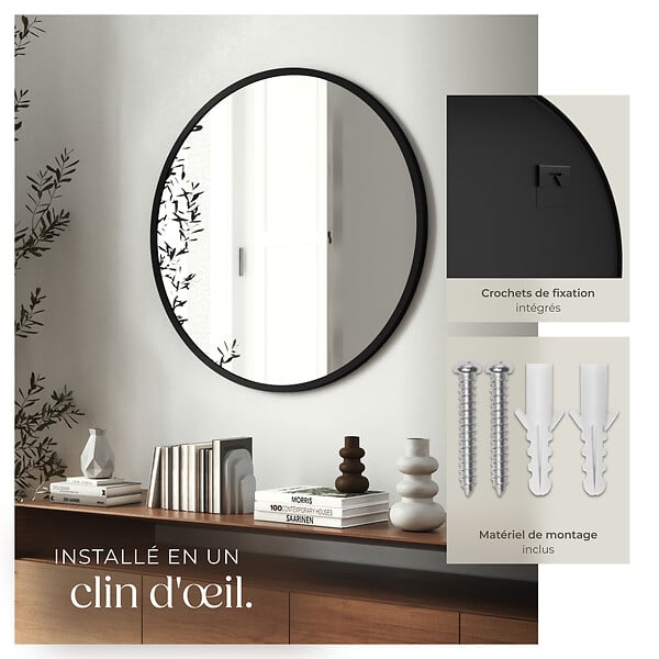 TECTAKE - Miroir mural rond FIONA avec cadre en aluminium noir - large