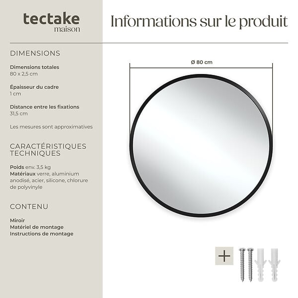 TECTAKE - Miroir mural rond FIONA avec cadre en aluminium noir - large