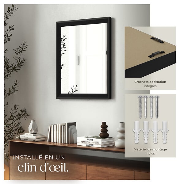 TECTAKE - Miroir mural rectangulaire ELINA avec cadre en plastique noir - large