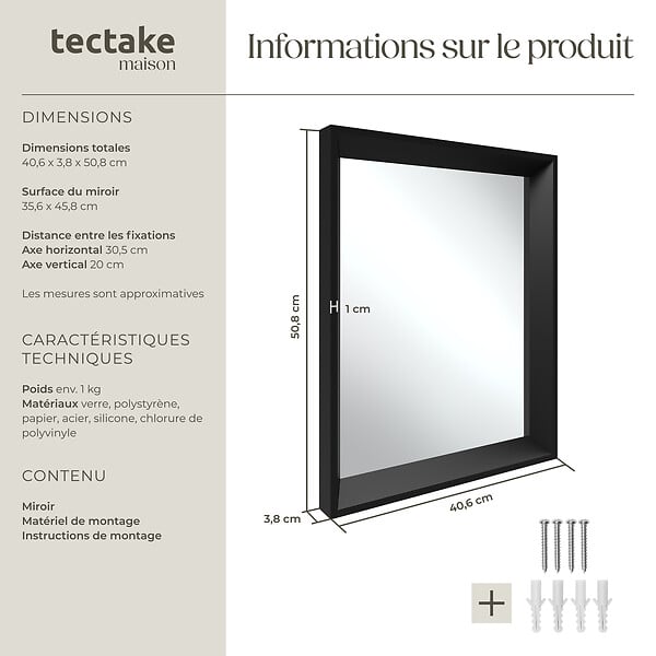 TECTAKE - Miroir mural rectangulaire ELINA avec cadre en plastique noir - large