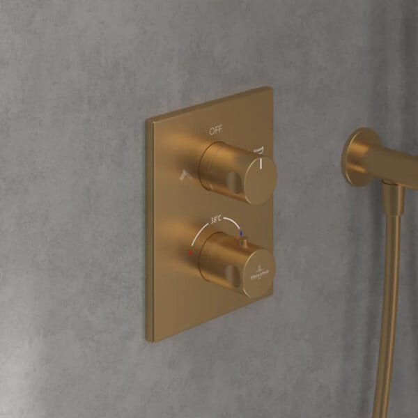 VILLEROY ET BOCH - Façade thermostatique 2 voies  Universal rectangle Or brossé + corps encastré - large