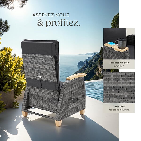 TECTAKE - Fauteuil en rotin design aluminium dossier réglable gris avec coussin dossier et repose-pieds réglables - large