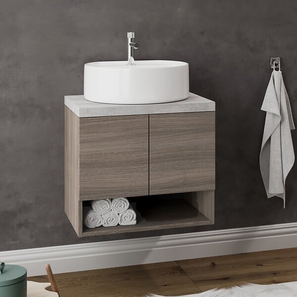 SANIVERRE - Meuble Sous Vasque 60 Cm Chêne Fumé + Plan Gris Béton - Oslo - large