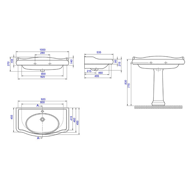 PLANETE BAIN - Lavabo colonne rétro 100 cm en céramique blanc - large
