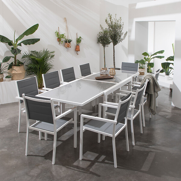 HAPPY GARDEN - Salon de jardin LAMPEDUSA extensible en textilène gris 10 places - aluminium blanc - large
