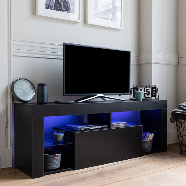 HAPPY GARDEN - Meuble TV 140cm noir à LED DARYL - large