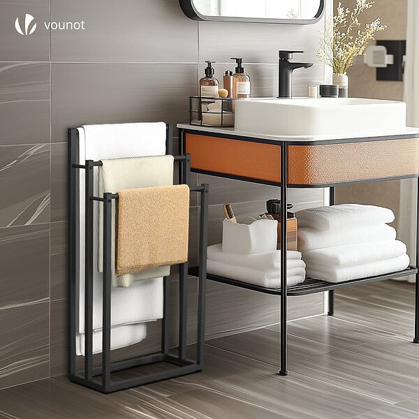 VOUNOT - Porte serviettes sur pied autoportant 3 niveaux noir - large