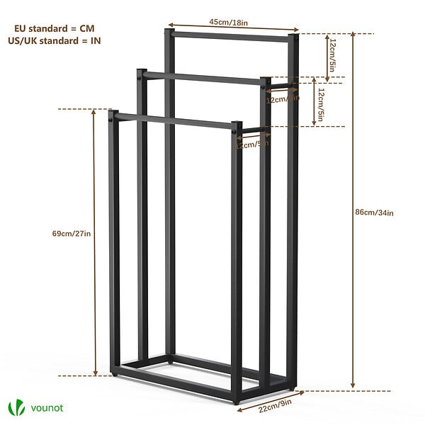 VOUNOT - Porte serviettes sur pied autoportant 3 niveaux noir - large