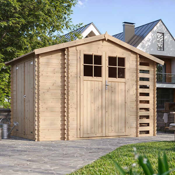 TIMBELA - Abri de jardin en bois et range bûches extérieur - Stockage extérieur I206xL328xH218 cm/ 3,53 + 0,97+0,97 m2 - M389F - large
