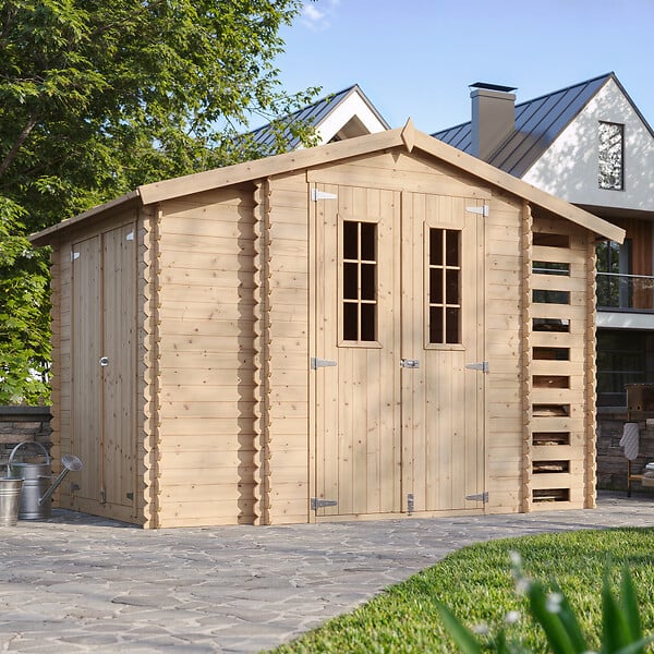 TIMBELA - Abri de jardin en bois et range bûches extérieur AVEC SOL TRAITÉ - extérieur I206xL328xH218 cm/ 3,53 + 0,97+0,97 m2 - M389C+M389G - large