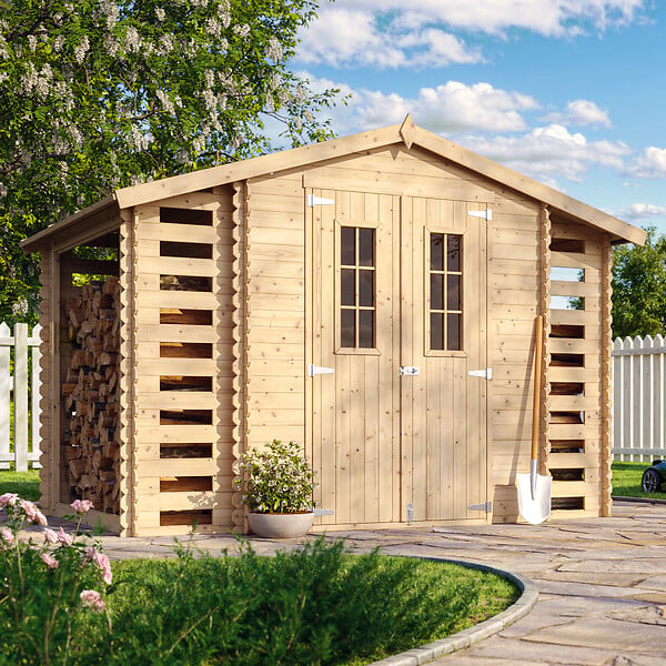 TIMBELA - Abri de jardin en bois et range bûches extérieur - Stockage extérieur I206xL328xH218 cm/ 3,53 + 0,97+0,97 m2 - M391C - large