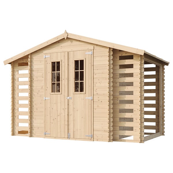 TIMBELA - Abri de jardin en bois et range bûches extérieur AVEC SOL TRAITÉ - extérieur I206xL328xH218 cm/ 3,53 + 0,97+0,97 m2 - M391C+M391G - large