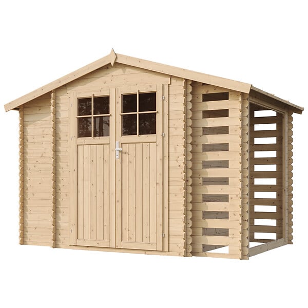 TIMBELA - Abri de jardin en bois et range bûches extérieur AVEC SOL TRAITÉ - extérieur I206xL328xH218 cm/ 3,53 + 0,97+0,97 m2 -  TIMBELA M389F+M389G - large