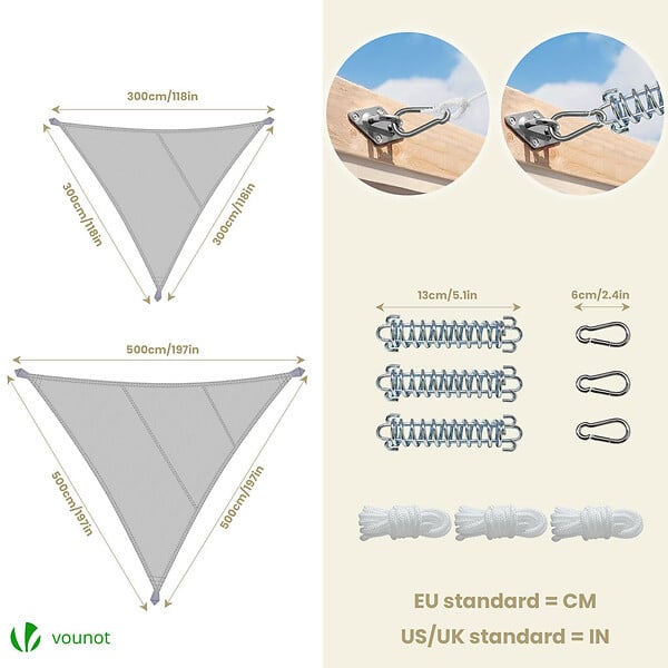 VOUNOT - Voile d'ombrage Triangle en Polyester Imperméable avec Kit de Montage 5x5x5m Gris Clair - large