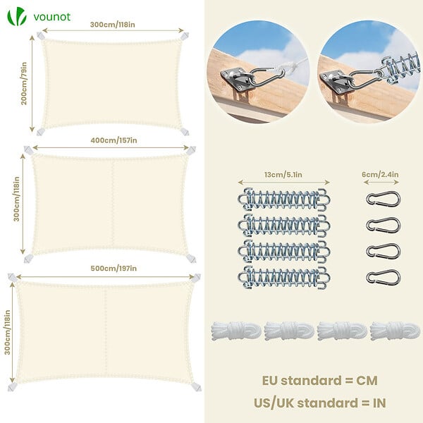 VOUNOT - Voile d'ombrage Rectangulaire en Polyester Imperméable avec Kit de Montage 3x5m Beige - large