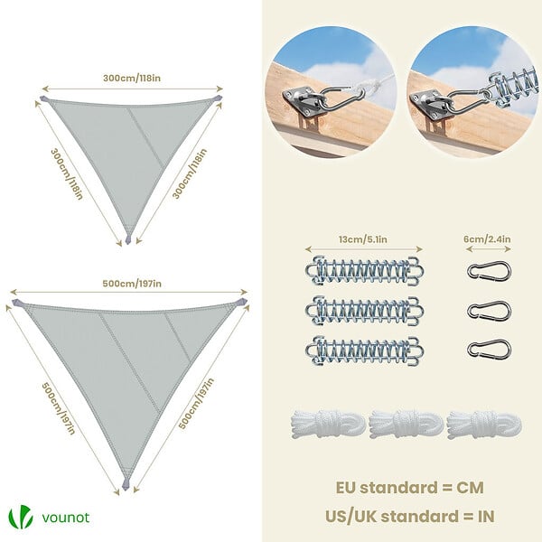 VOUNOT - Voile d'ombrage Triangle en Polyester Imperméable avec Kit de Montage 5x5x5m Gris - large