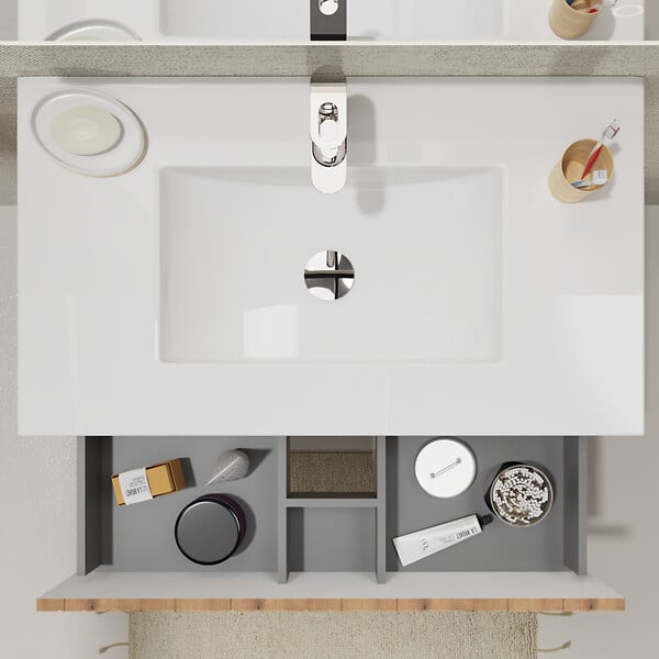 GODART - Meuble salle de bain 80 cm A poser - Plan vasque céramique - Effet bois strié - Karaib 2 - large
