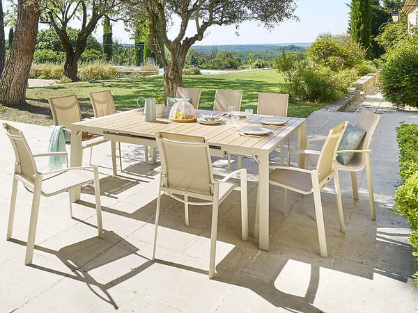 HESPERIDE - Table de jardin carrée extensible alu Evasion 8/10 places Beige lin - Hespéride - large