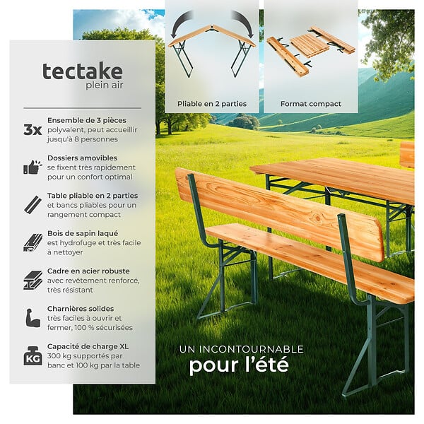 TECTAKE - Ensemble table et bancs de brasserie pliable en bois marron 170x69x77 cm - large