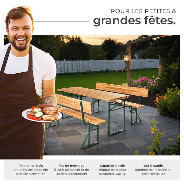 TECTAKE - Ensemble table et bancs de brasserie pliable en bois marron 170x69x77 cm - large