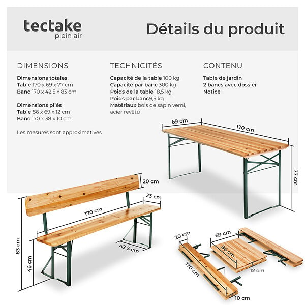 TECTAKE - Ensemble table et bancs de brasserie pliable en bois marron 170x69x77 cm - large