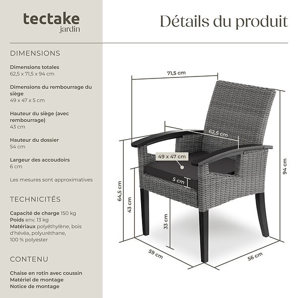 TECTAKE - Chaise en rotin Rosarno gris - large