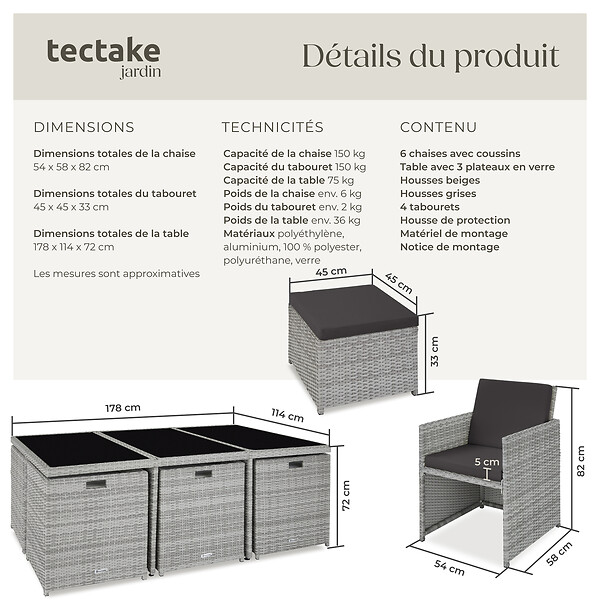 TECTAKE - Salon de jardin 10 places gris clair encastrable housses hydrofuge salon extérieur - large