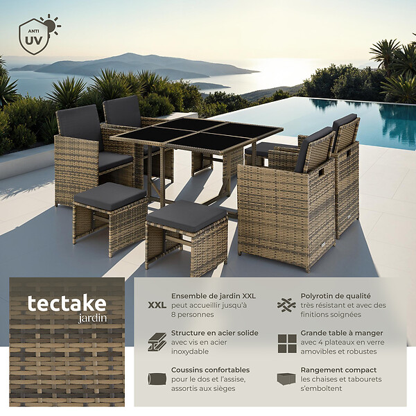 TECTAKE - Salon de jardin résine tressée 8 places marron naturel fauteuils encastrables housse protection - large