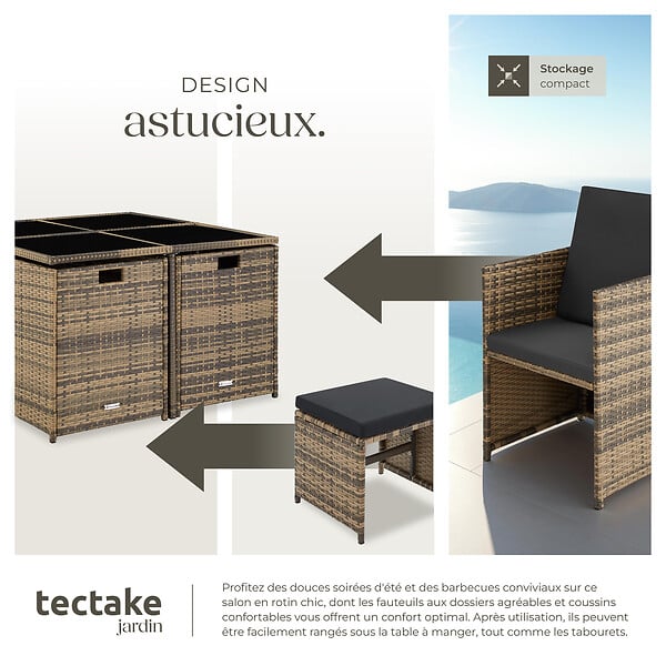 TECTAKE - Salon de jardin résine tressée 8 places marron naturel fauteuils encastrables housse protection - large