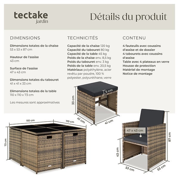 TECTAKE - Salon de jardin résine tressée 8 places marron naturel fauteuils encastrables housse protection - large