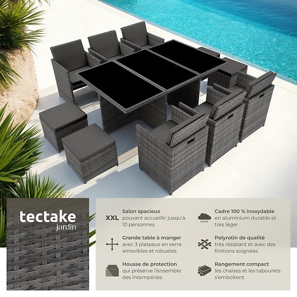 TECTAKE - Salon de jardin 10 places contemporain coussins hydrofuges protégés en verre gris - large