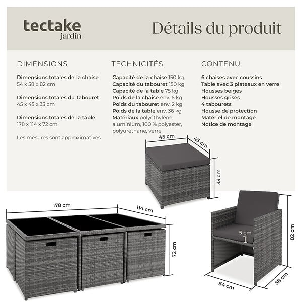 TECTAKE - Salon de jardin 10 places contemporain coussins hydrofuges protégés en verre gris - large