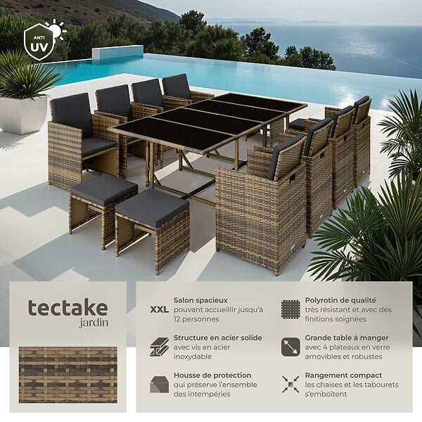 TECTAKE - Salon de jardin PALMA 12 places avec housse de protection, variante 2 marron naturel/gris foncé - large