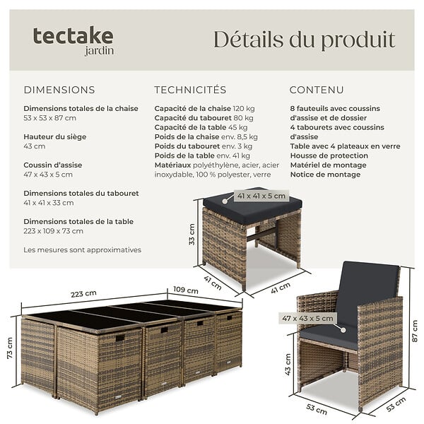 TECTAKE - Salon de jardin PALMA 12 places avec housse de protection, variante 2 marron naturel/gris foncé - large