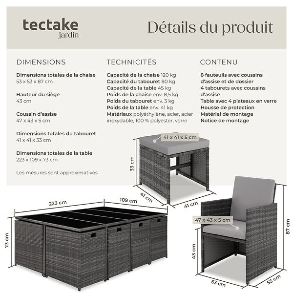 TECTAKE - Salon de jardin PALMA 12 places avec housse de protection, variante 2 gris/gris clair - large