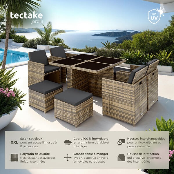TECTAKE - Salon de jardin MANHATTAN 8 places avec 2 sets de housses + housse de protection, variante 2 marron naturel - large