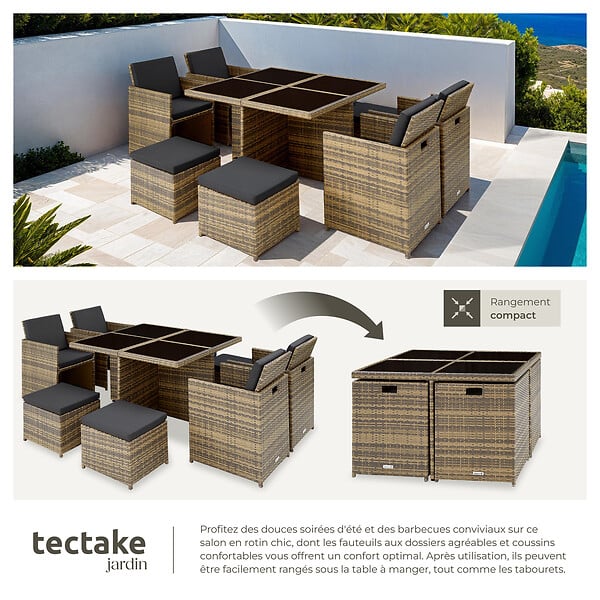 TECTAKE - Salon de jardin MANHATTAN 8 places avec 2 sets de housses + housse de protection, variante 2 marron naturel - large