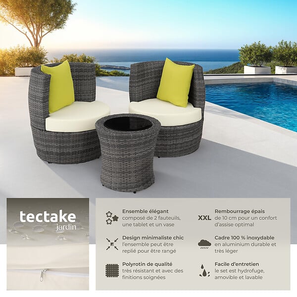 TECTAKE - Ensemble de salon en rotin et aluminium Nice 2+1+1 gris - large