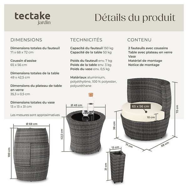 TECTAKE - Ensemble de salon en rotin et aluminium Nice 2+1+1 gris - large