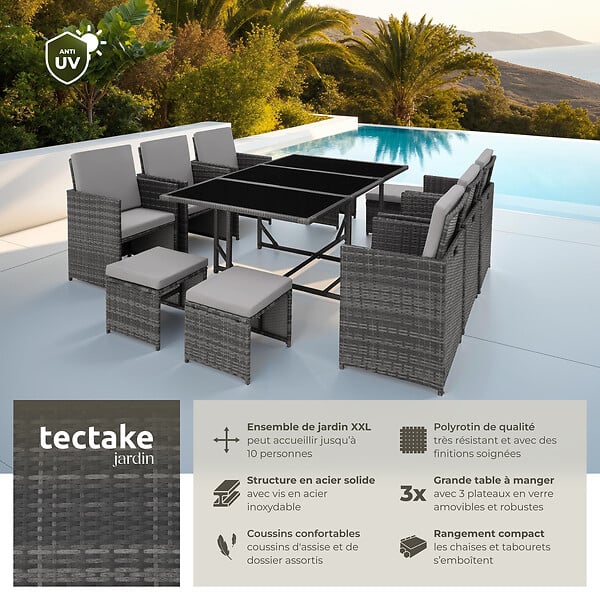 TECTAKE - Salon de jardin MALAGA 10 places avec housse de protection gris - large