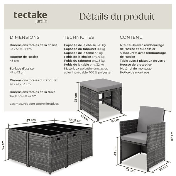 TECTAKE - Salon de jardin MALAGA 10 places avec housse de protection gris - large