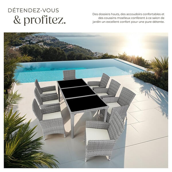 TECTAKE - Salon de jardin Menorca 8 places avec 2 sets de housses + housse de protection gris clair - large