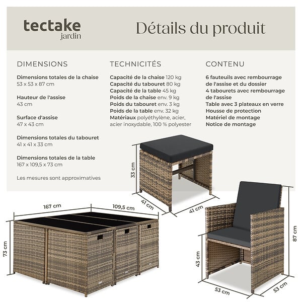 TECTAKE - Salon de jardin résine tressée 10 places housse protection couleur naturelle confort - large