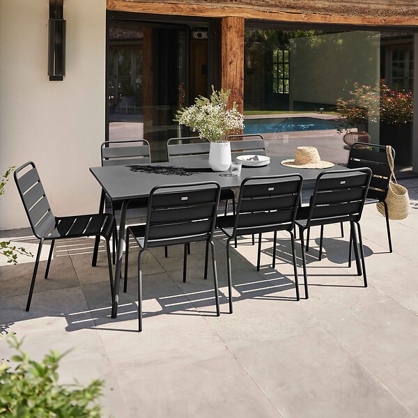 OVIALA - Ensemble table de jardin et 8 chaises en métal gris - Palavas - large