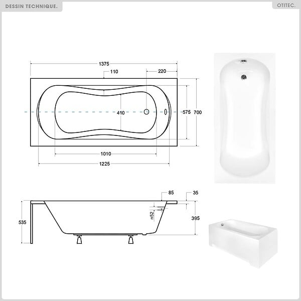 BESCO - Baignoire rectangulaire - 140 x 70 cm - avec Habillage Polystyrène - Pieds - Vidage Chrome - ARIA - large