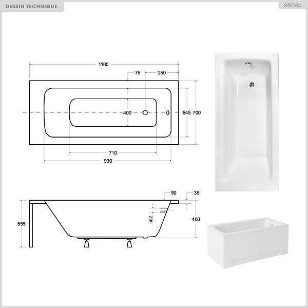 BESCO - Baignoire rectangulaire - 110 x 70 cm - avec Tablier Blanc - Pieds - Vidage Chrome - TALIA - large